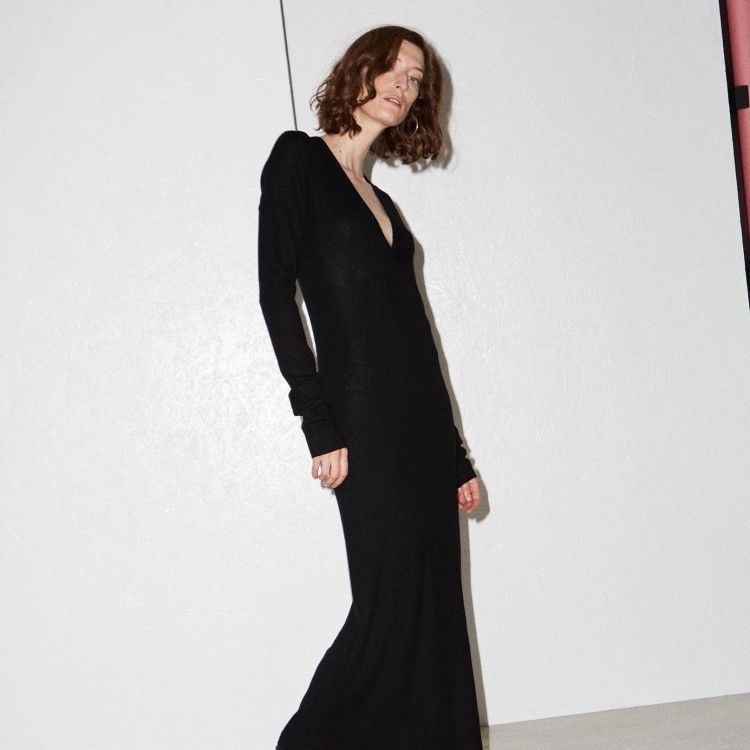 Deep-V fine-rib cashmere dress