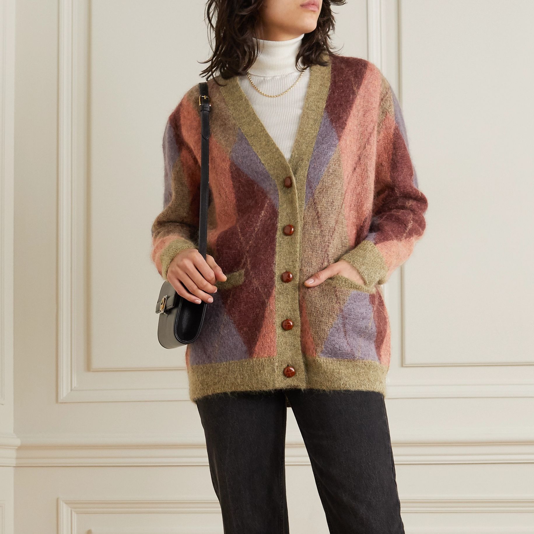 Oversized argyle mohair-blend cardigan