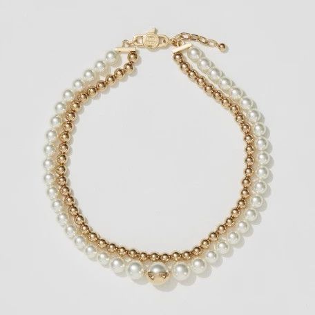 Metal and Pearl Double Necklace in Gold
