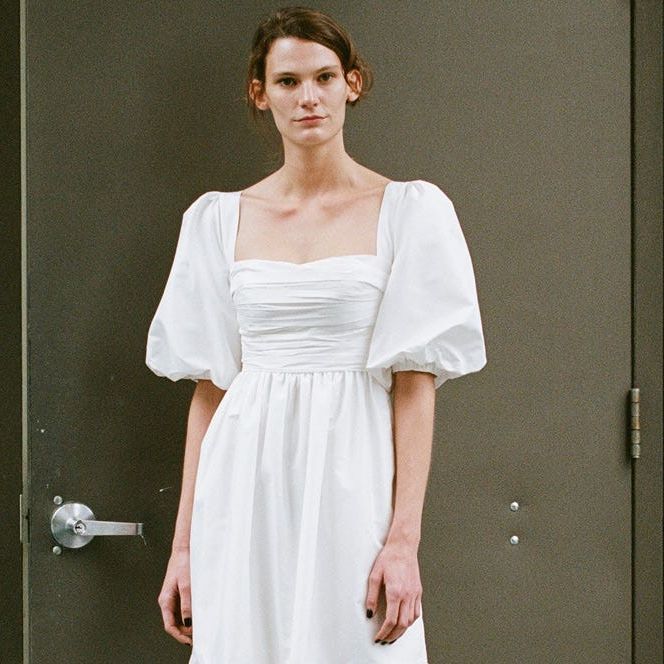 Puff-sleeved taffeta dress